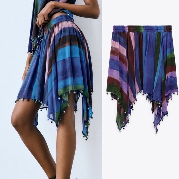 Zara Dresses & Skirts - Zara Blue Boho Beaded Elastic Waistband Skirt Sz. XS NWT!